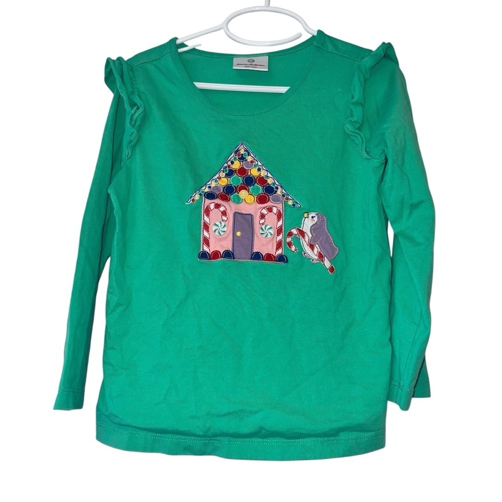 Hanna Andersson girls appliqué ruffle gingerbread house top sz 110 5 Christmas